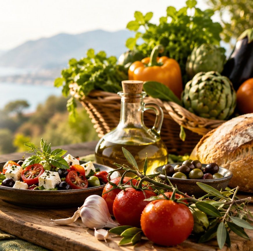 Ingredients frescos de temporada: oli d'oliva, tomàquets, verdures i pa